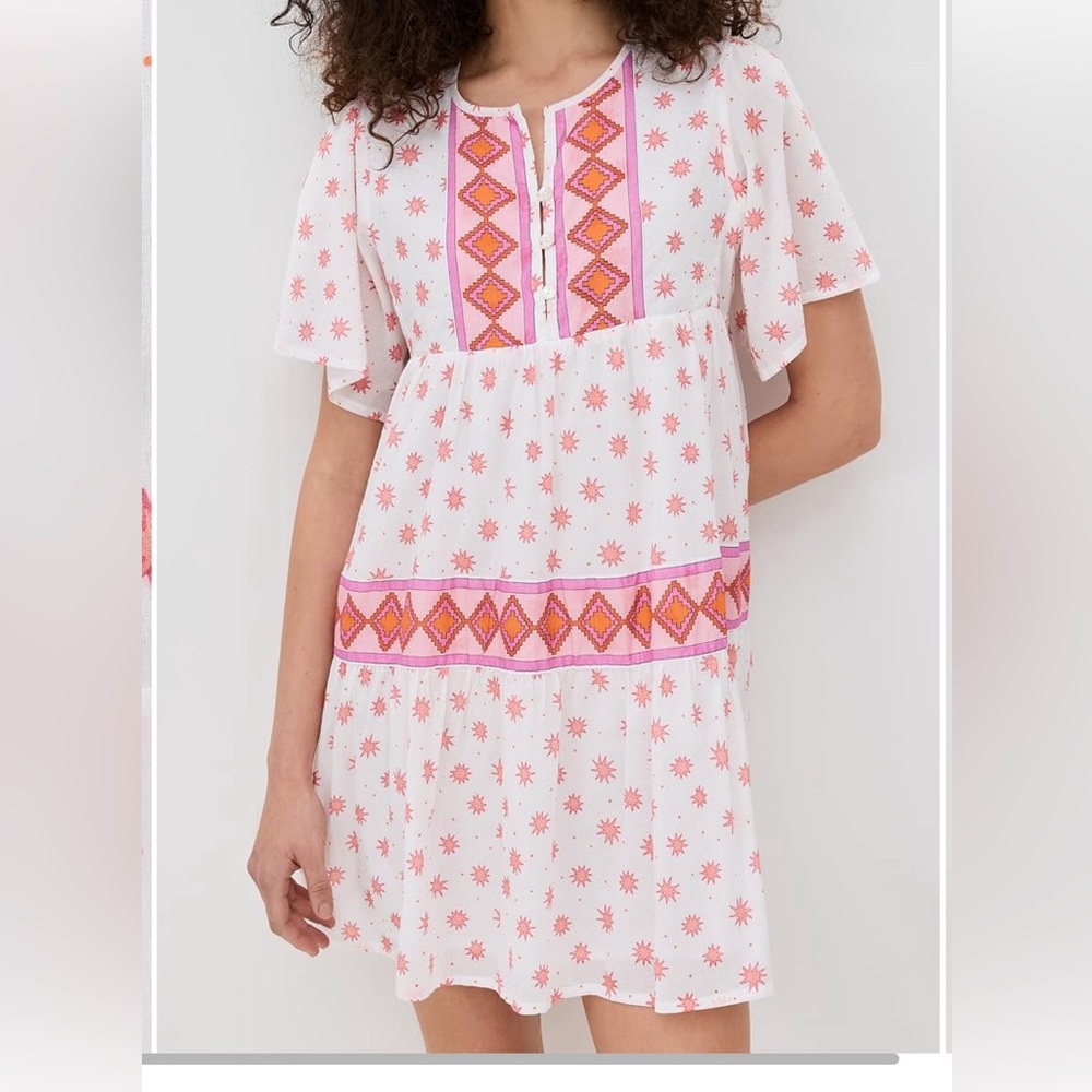 Marea White & Pink Embroidered Tiered Mini Dress